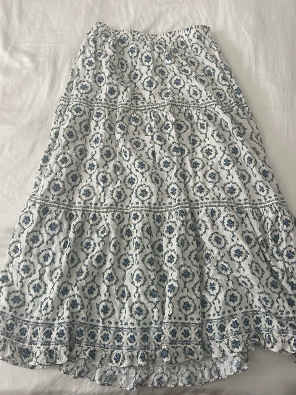 Max Studio White Maxi Skirt with Blue Floral Medallion Print